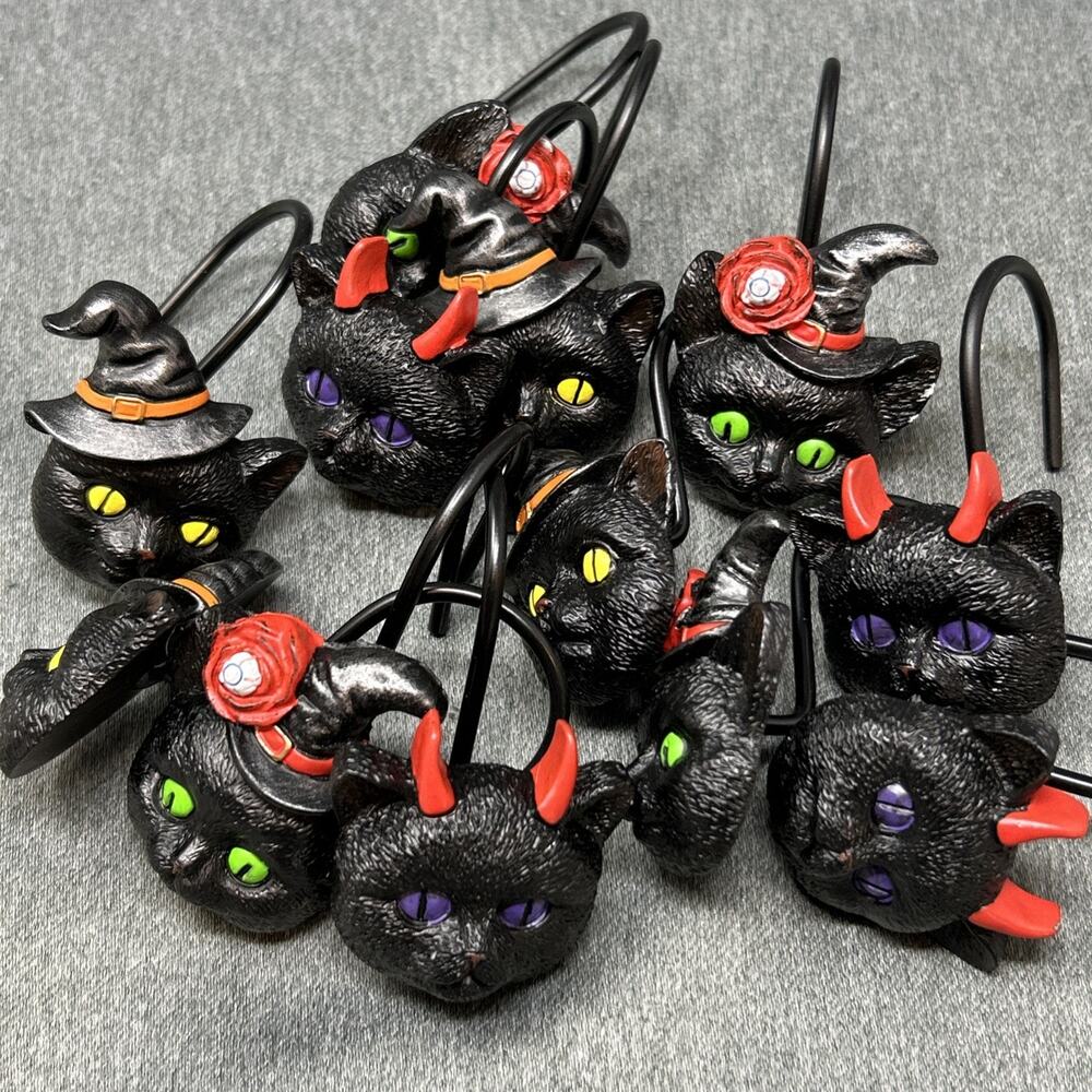 Sunlit Halloween Black Cat Shower Curtain Hooks Rings Spooky Season Decor Set 12 - Picture 5 of 11